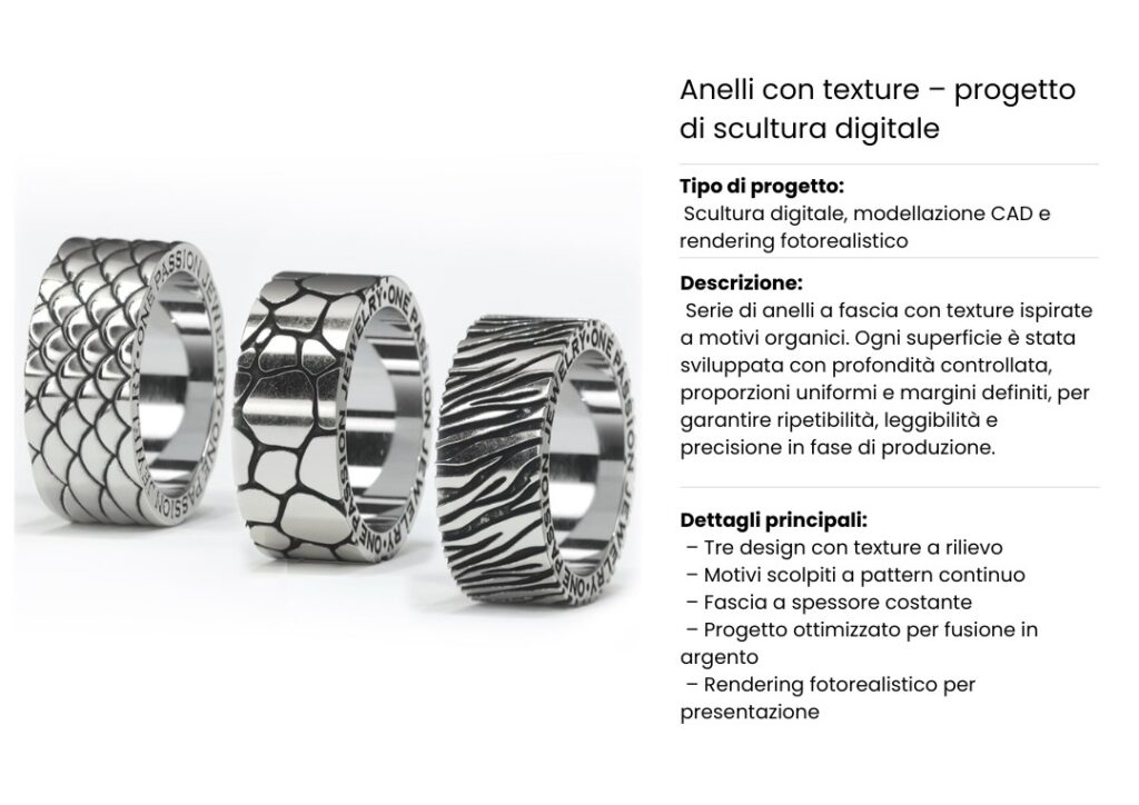 Serie di anelli a fascia con texture in rilievo ispirate a motivi organici. Superfici scolpite digitalmente, progettate con modellazione CAD per fusione in argento e presentazione con rendering fotorealistico.