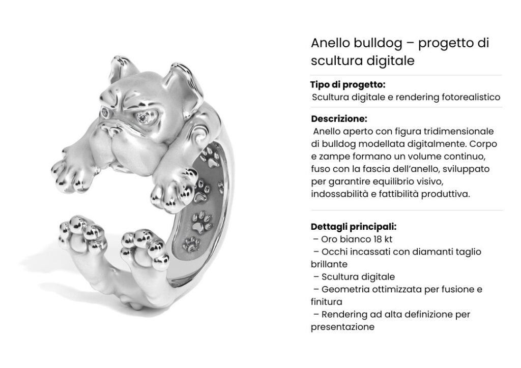 Anello bulldog in oro bianco 18kt con scultura digitale e diamanti taglio brillante incassati negli occhi, progettato con modellazione 3D e rendering fotorealistico.