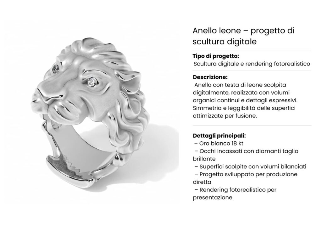 Anello con testa di leone scolpita in oro bianco, modellazione digitale e rendering 3D fotorealistico.
