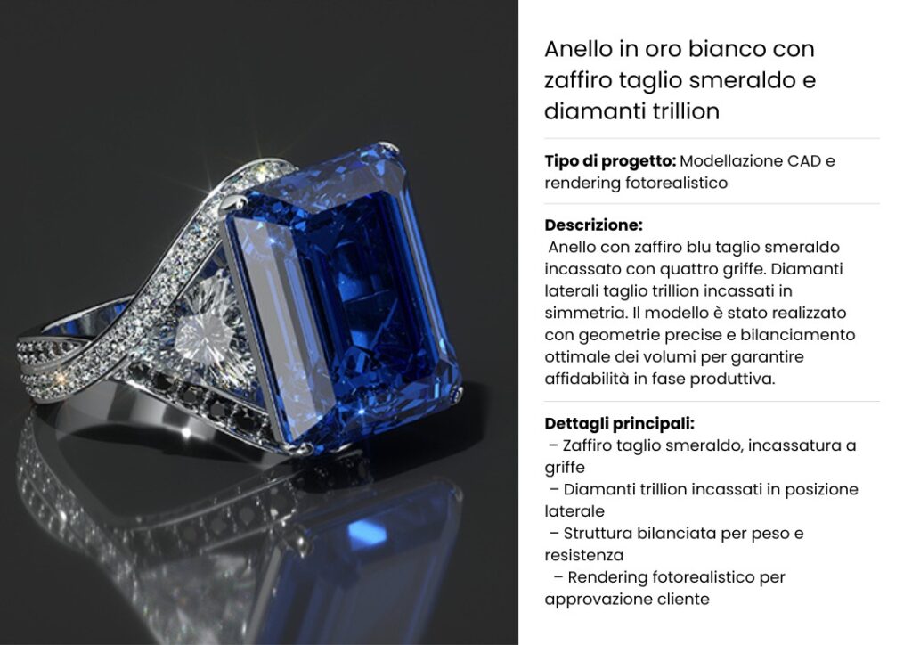 Anello in oro bianco con zaffiro taglio smeraldo e diamanti taglio trillion, modellato in CAD e renderizzato in 3D.