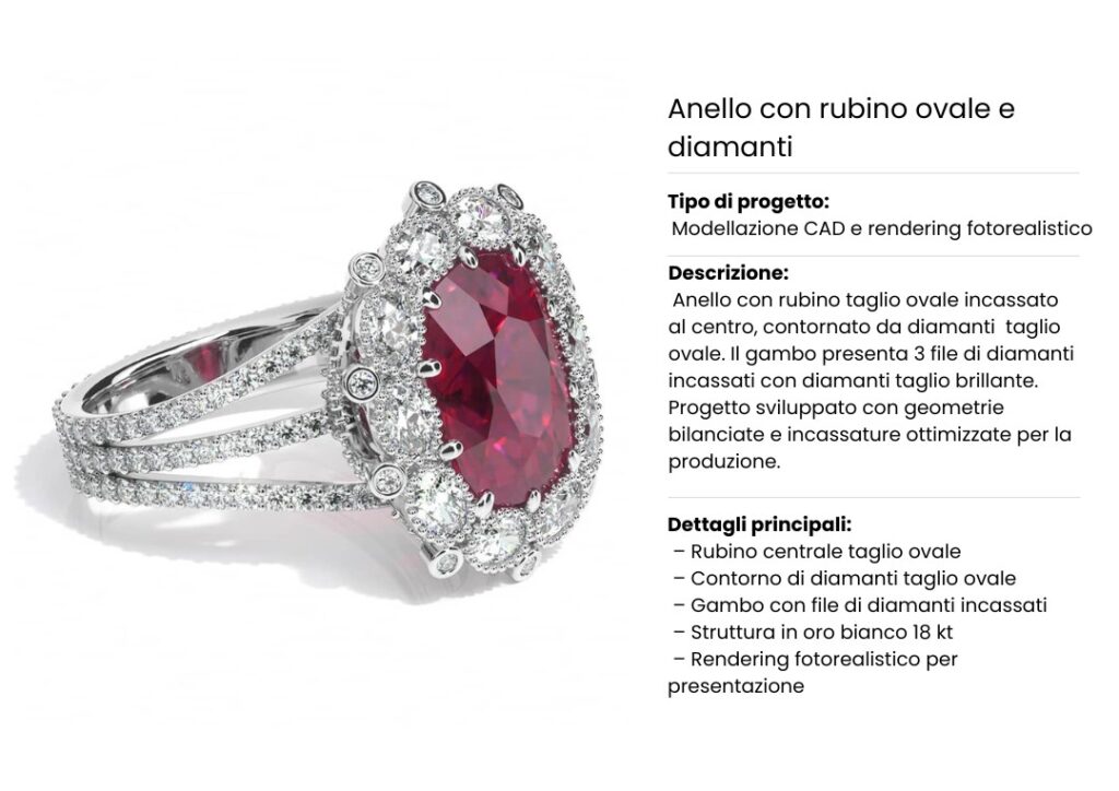 Anello in oro bianco con rubino centrale taglio ovale e contorno di diamanti. Gambo con tre file di diamanti incassati. Progetto realizzato con modellazione CAD e rendering fotorealistico.