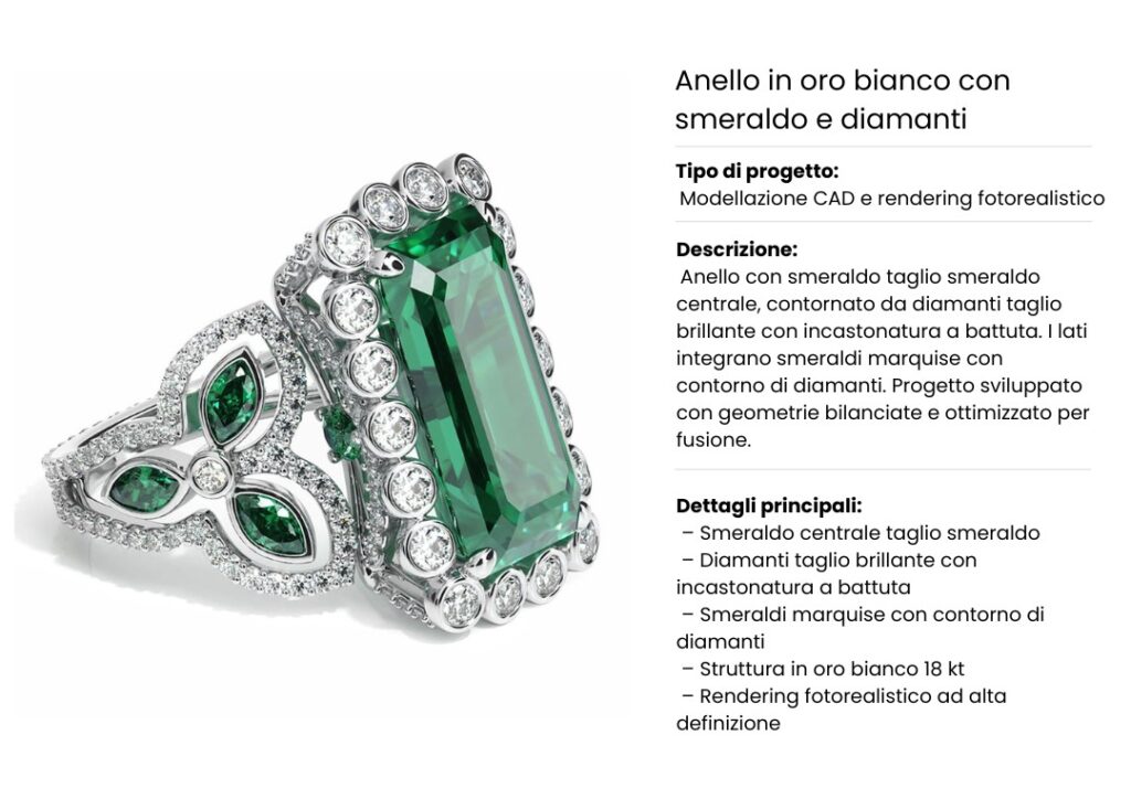 Anello in oro bianco con smeraldo centrale taglio smeraldo, contornato da diamanti taglio brillante con incastonatura a battuta, affiancato da elementi laterali con smeraldi marquise e contorno di diamanti. Progetto realizzato con modellazione CAD e rendering fotorealistico.