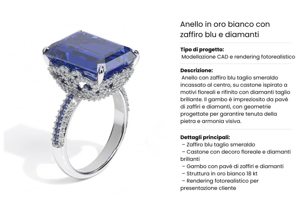 Anello in oro bianco con zaffiro blu taglio smeraldo e castone decorato da diamanti, progettato con modellazione 3D e rendering fotorealistico per alta gioielleria.