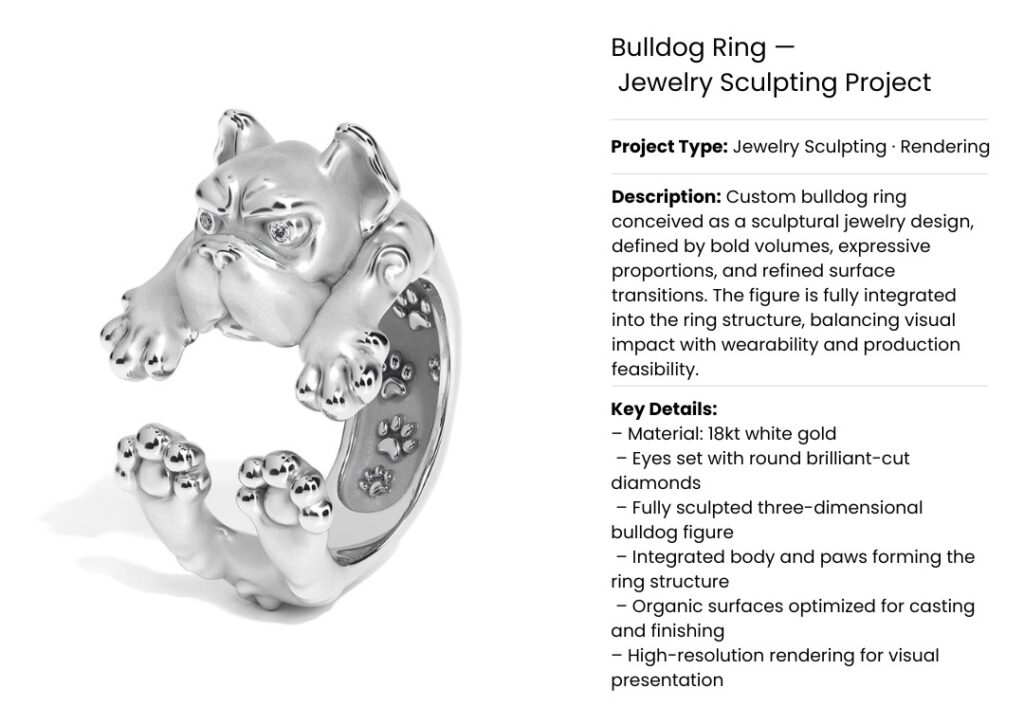 Sculpted bulldog ring in 18kt white gold with diamond eyes – 3D CAD jewelry modeling for high-end production.