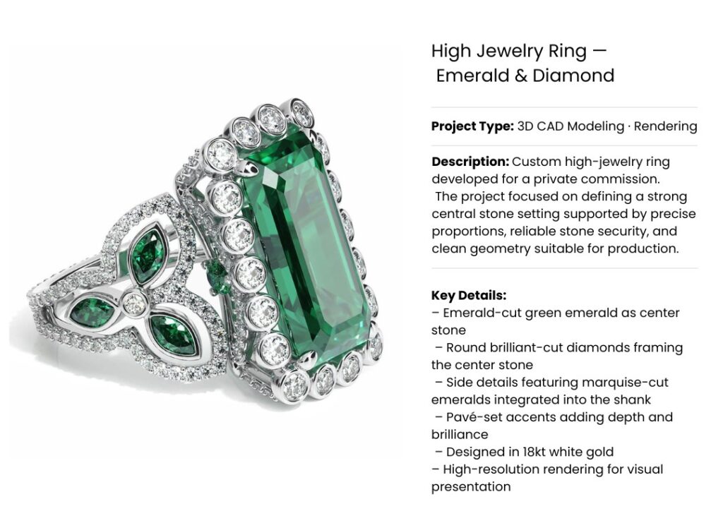 High jewelry ring with emerald-cut green emerald, round diamonds and marquise emerald side details – 3D CAD rendering in white gold.