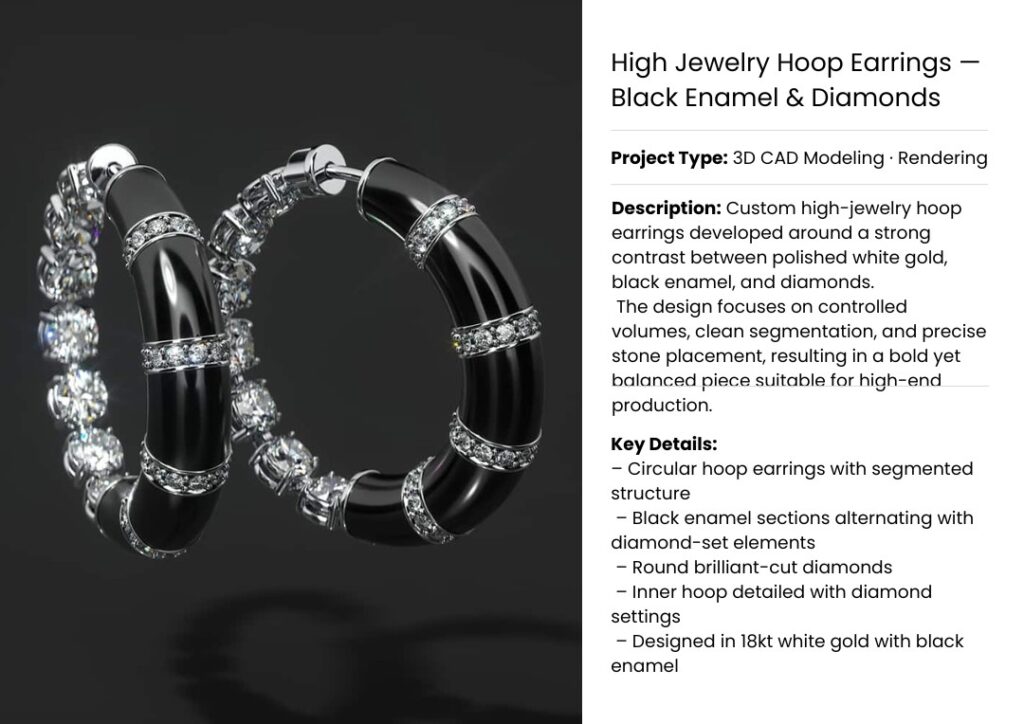 Luxury hoop earrings in 18kt white gold with black enamel and brilliant-cut diamonds – 3D CAD jewelry render.