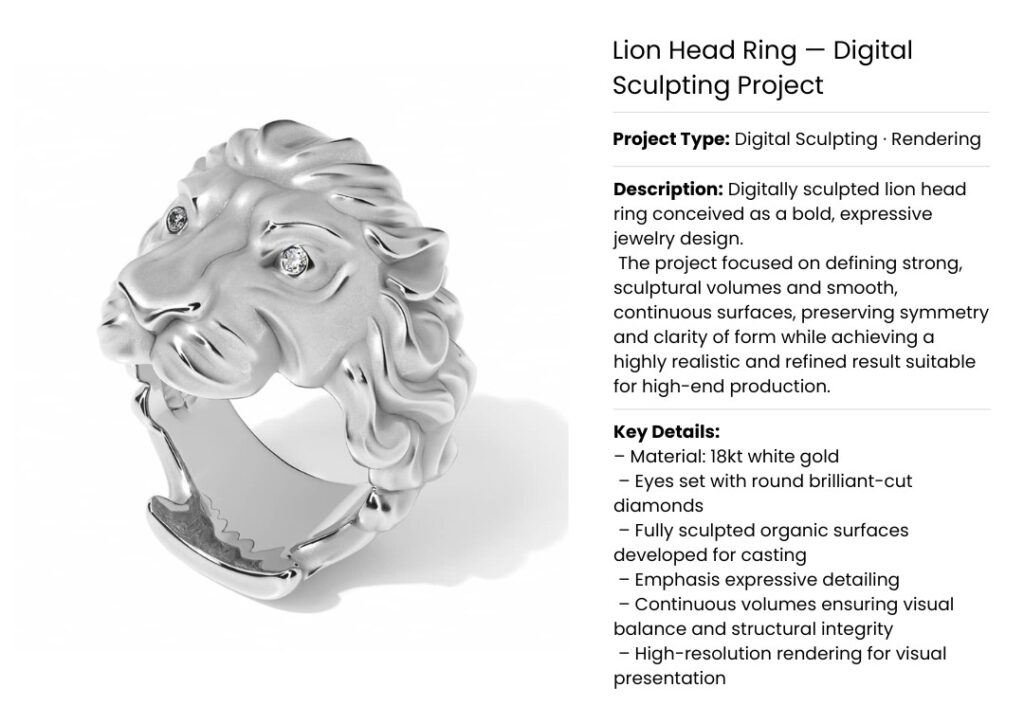 Digitally sculpted lion head ring in 18kt white gold with diamond eyes – organic 3D jewelry design for high-end casting.
