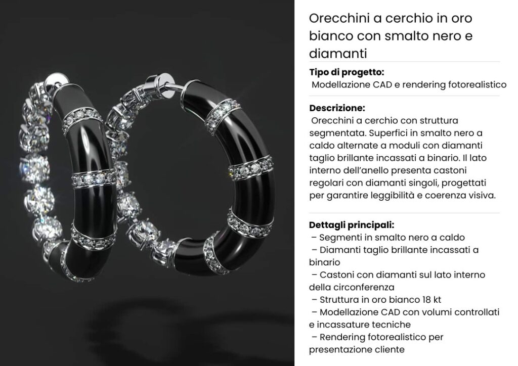 Orecchini a cerchio in oro bianco 18kt con smalto nero a caldo e diamanti taglio brillante, progettati con modellazione CAD e rendering fotorealistico.
