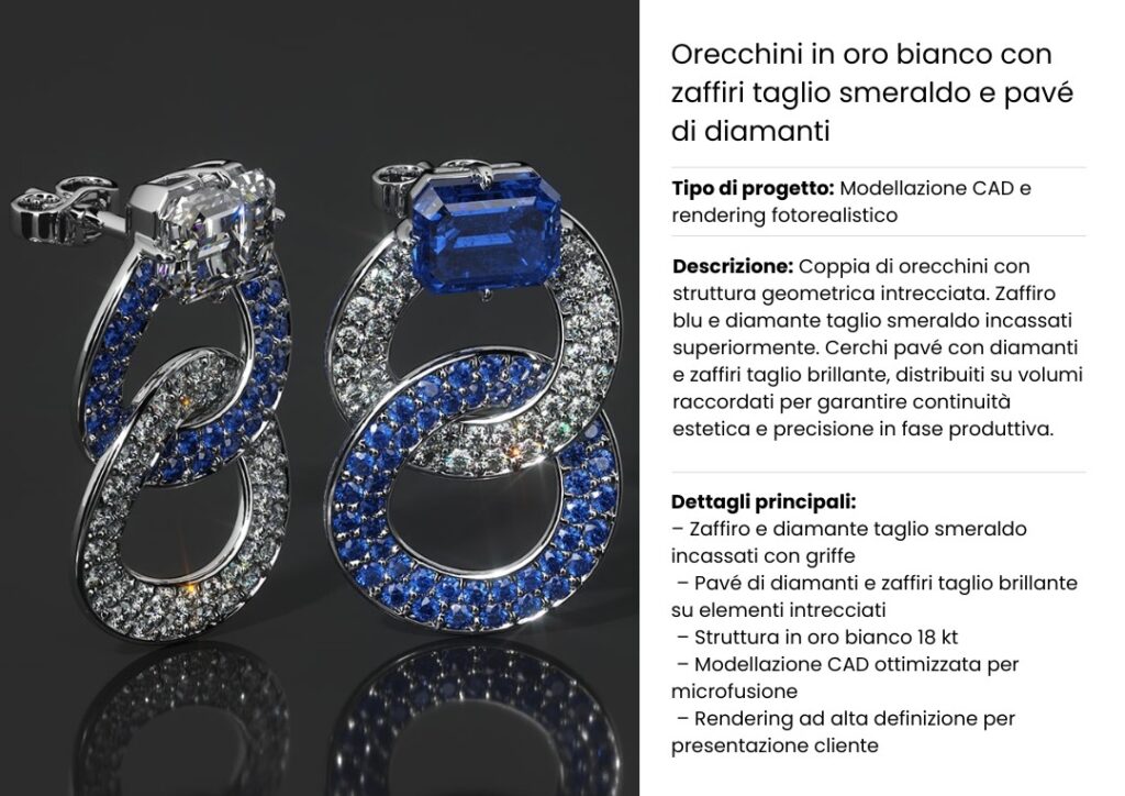 Orecchini in oro bianco con zaffiri taglio smeraldo e pavé di diamanti, progettati con modellazione CAD e rendering 3D per gioielleria.