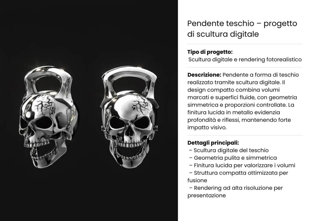 Pendente teschio in metallo lucido modellato con scultura digitale. Design compatto con geometrie simmetriche, superfici fluide e dettagli marcati. Rendering fotorealistico per presentazione.
