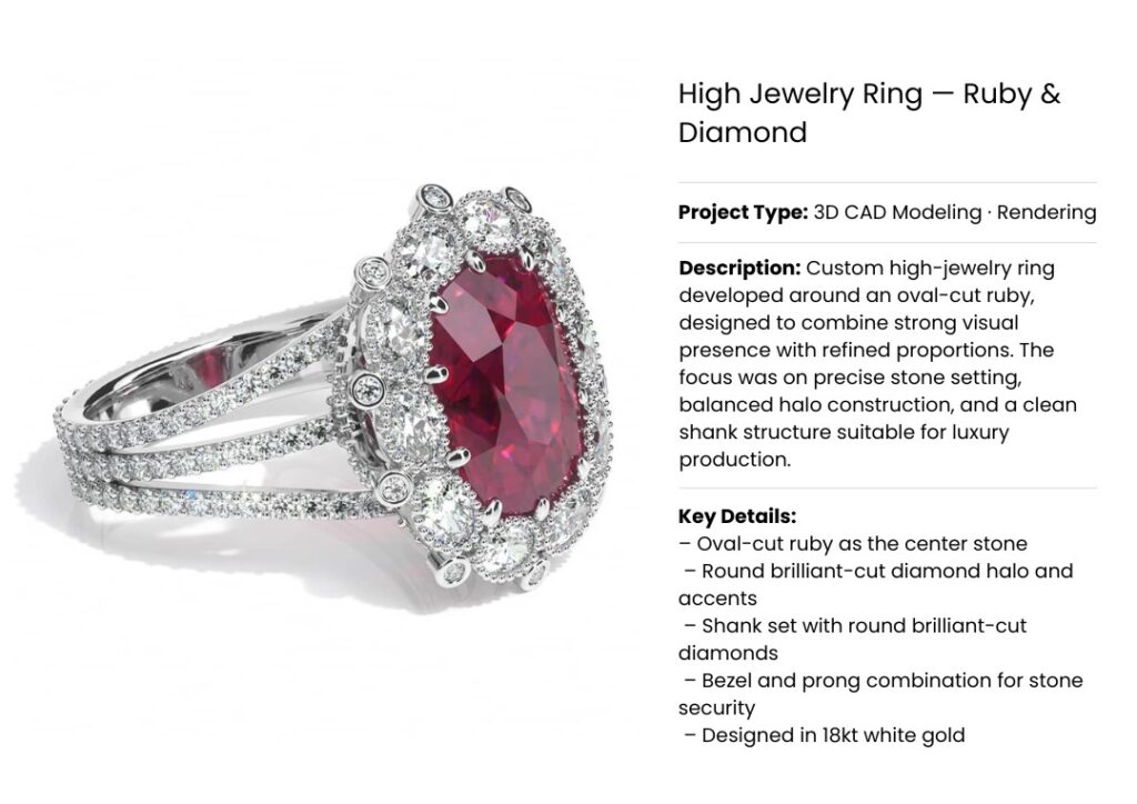 High jewelry ring with oval-cut ruby, diamond halo and pavé shank – 3D CAD rendering in 18kt white gold.