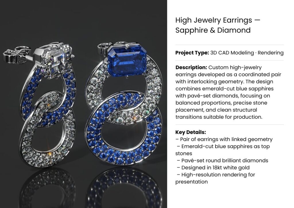 High jewelry earrings with emerald-cut blue sapphires and pavé-set diamonds – interlocking 3D CAD design in 18kt white gold.