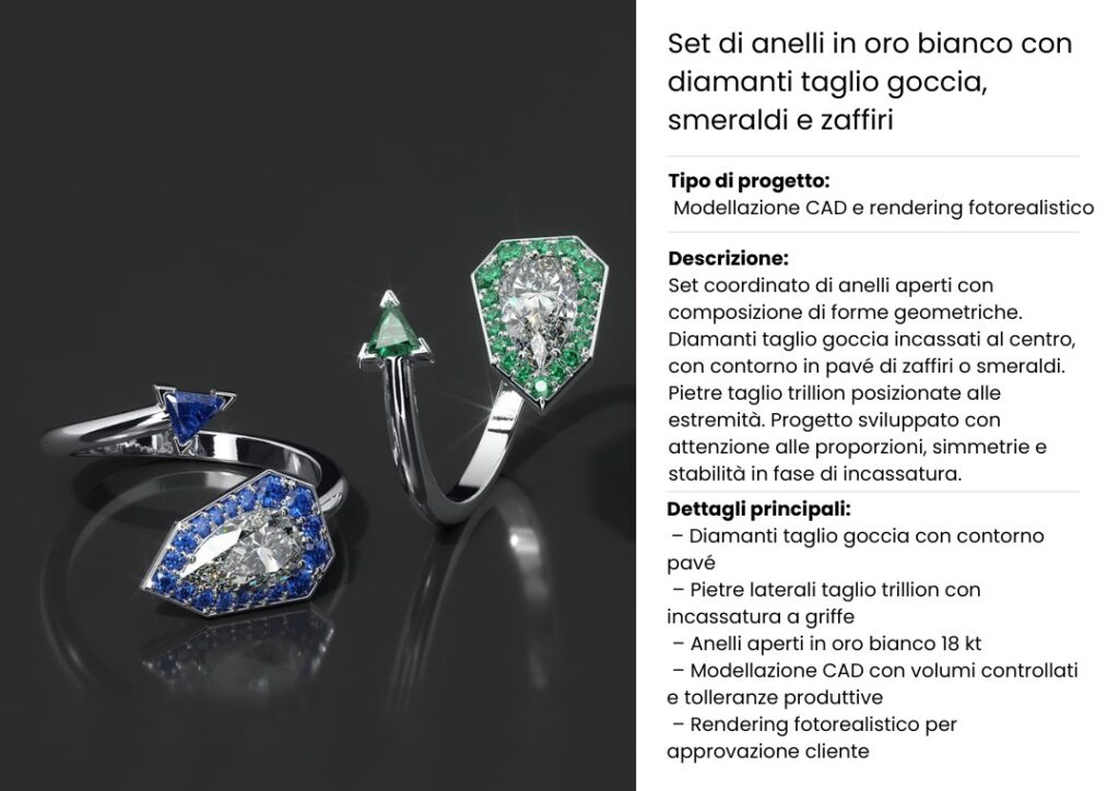 Set di anelli aperti in oro bianco con diamanti taglio goccia incassati al centro, contornati da pavé di zaffiri e smeraldi, e pietre laterali taglio trillion. Progettazione con modellazione CAD e rendering fotorealistico.