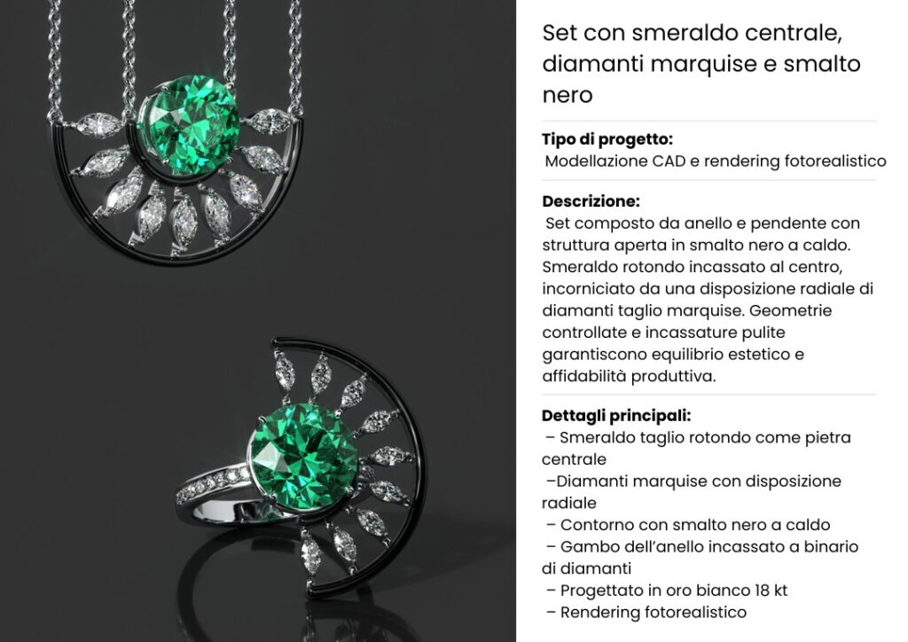 Set di gioielli composto da anello e pendente in oro bianco con smeraldo centrale taglio rotondo, diamanti taglio marquise disposti a raggiera e struttura rifinita in smalto nero a caldo, progettato con modellazione CAD e rendering fotorealistico.