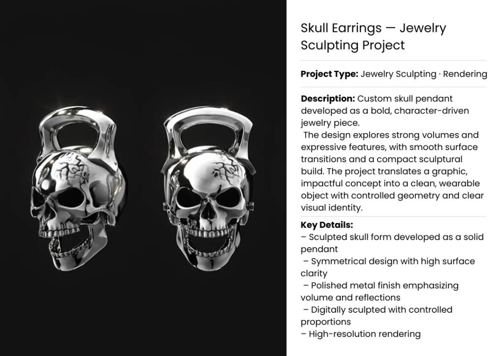 Sculpted skull earrings with polished metal finish – 3D CAD jewelry rendering with bold design and high surface clarity.