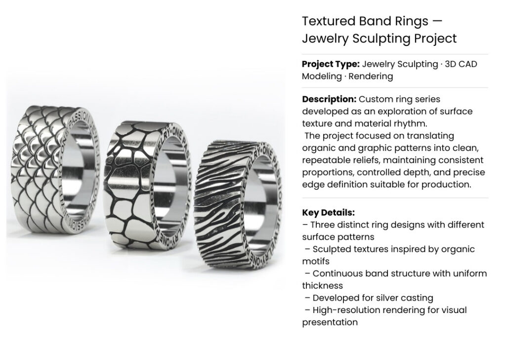 Set of silver sculpted rings with organic surface textures – 3D CAD modeling and digital jewelry sculpting for production-ready design.